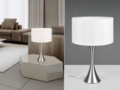 MeineWunschleuchte Große LED Tischlampe Silber Matt Mit Stoffschirm Weiß - Höhe 62cm