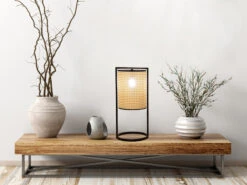 MeineWunschleuchte Große LED Tischleuchte Mit Geflecht In Rattan Optik 56cm - Hocker / Bodenlampe