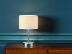 MeineWunschleuchte Klassische LED Tischleuchte Silber Mit Stoffschirm Weiß, Höhe 32cm