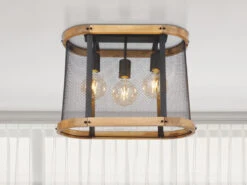 MeineWunschleuchte LED Deckenleuchte Mit Holz & Gitter Schwarz, 3-flammig 45cm Breit