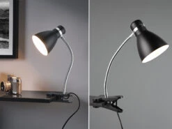 MeineWunschleuchte LED Klemmleuchte Flexibel, Chrom & Metallschirm Schwarz, 36cm