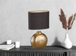 MeineWunschleuchte LED Tischlampe Mit Keramikfuß Bronze Antik & Stoffschirm Schwarz Gold, Höhe 39cm