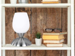 MeineWunschleuchte LED Tischleuchte Ø12cm, Glasschirm Weiß, Sockel Silber - Touch Dimmbar