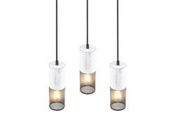 Trio Leuchten Pendelleuchte TOSH 3-flammig Mit Holz Weiß Und Drahtgeflecht Ø 28cm -Lamp Geschaft nahaufnahme der drei lichtquellen aus drahtgeflech 1