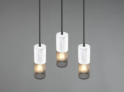 Trio Leuchten Pendelleuchte TOSH 3-flammig Mit Holz Weiß Und Drahtgeflecht Ø 28cm -Lamp Geschaft nahaufnahme der drei lichtquellen aus drahtgeflech