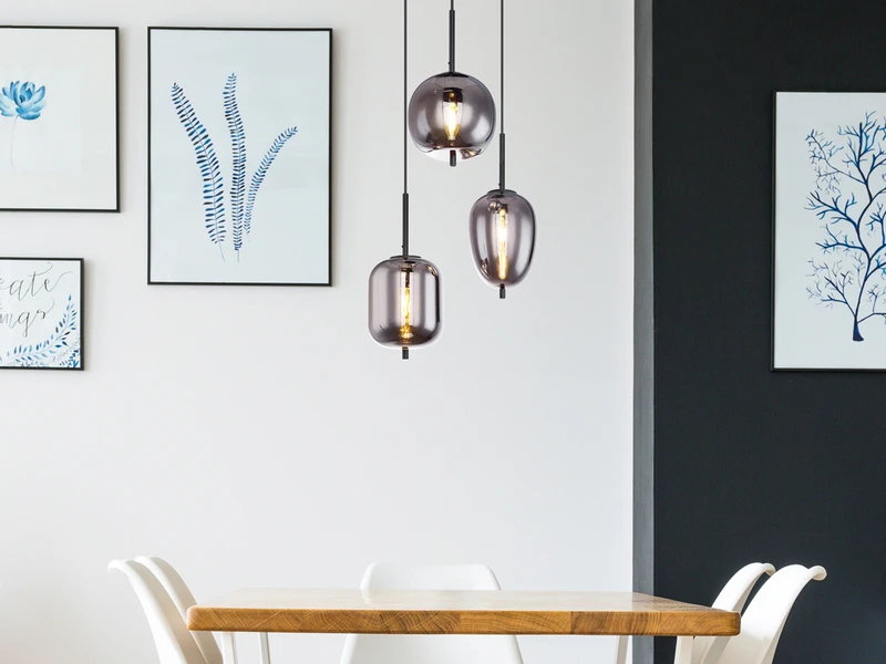 Globo Pendelleuchte BLACKY Mit 3 Rauchglaskugeln, Baldachin Ø 46cm, Schwarz 1 Globo Pendelleuchte BLACKY Mit 3 Rauchglaskugeln, Baldachin Ø 46cm, Schwarz