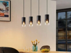 Trio Leuchten Pendelleuchte ROBIN 4-flammig Mit Rauchglas & Metall Schwarz 80cm Lang