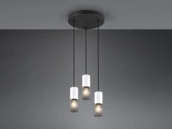 Trio Leuchten Pendelleuchte TOSH 3-flammig Mit Holz Weiß Und Drahtgeflecht Ø 28cm