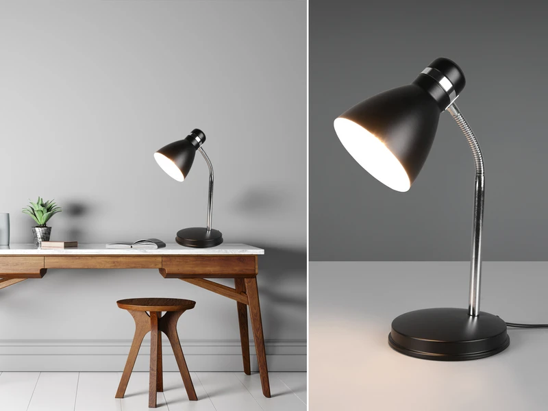 Reality Leuchten Schreibtischleuchte HARVEY, Flexibel Chrom & Metallschirm Schwarz, 33cm 1 Reality Leuchten Schreibtischleuchte HARVEY, Flexibel Chrom & Metallschirm Schwarz, 33cm
