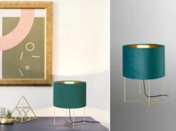 Fischer & Honsel Tischlampe AURA Mit Lampenschirm Samt Türkis - Innen Gold Ø 24cm