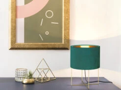 Fischer & Honsel Tischlampe AURA Mit Lampenschirm Samt Türkis - Innen Gold Ø 24cm -Lamp Geschaft tischlampe aura mit lampenschirm samt tuerkis inne 4