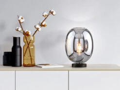 Fischer & Honsel Tischlampe NAYLA Industrial Mit Glaskugel Rauchglas - Höhe 27cm -Lamp Geschaft tischlampe nayla industrial mit glaskugel rauchgla 4