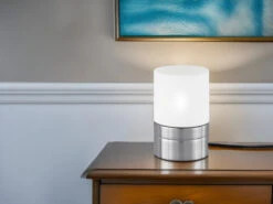 Trio Leuchten Tischleuchte ARY II Glaszylinder Weiß Sockel Silber - Touchfunktion, Ø 9cm