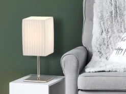 Globo Tischleuchte BAILEY Silber Chrom Mit Plissee Stoffschirm Weiß, Höhe 26cm