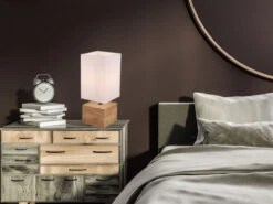 Reality Leuchten Tischleuchte WOODY Holzfuß Mit Stoffschirm In Weiß 12x12cm Höhe 30cm -Lamp Geschaft tischleuchte woody holzfuss mit stoffschirm in wei 13