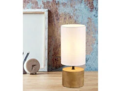 Reality Leuchten Tischleuchte WOODY Holzfuß Mit Stoffschirm In Weiß Ø12cm Höhe 30cm -Lamp Geschaft tischleuchte woody holzfuss mit stoffschirm in wei 5