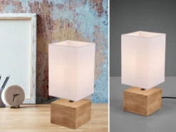 Reality Leuchten Tischleuchte WOODY Holzfuß Mit Stoffschirm In Weiß 12x12cm Höhe 30cm